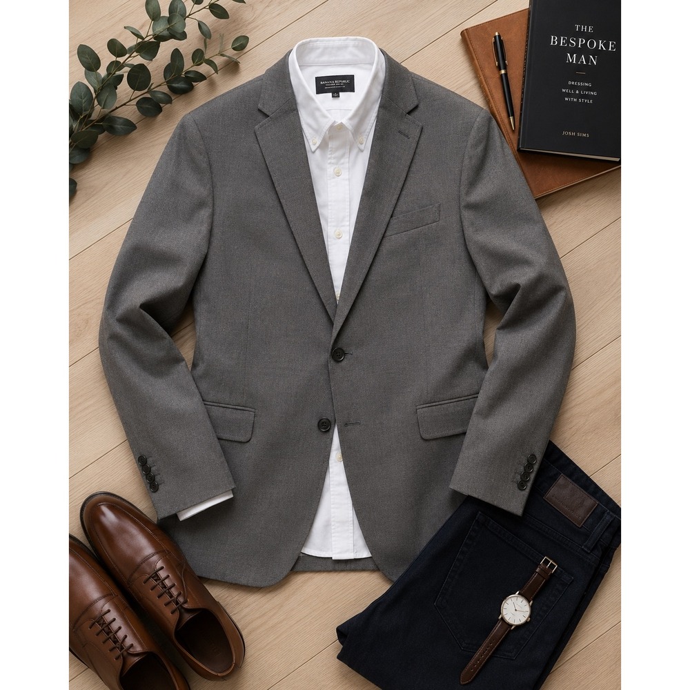 Banana Republic Men's 40R Modern Slim Fit Grey Cotton Blend 2 Button Blazer